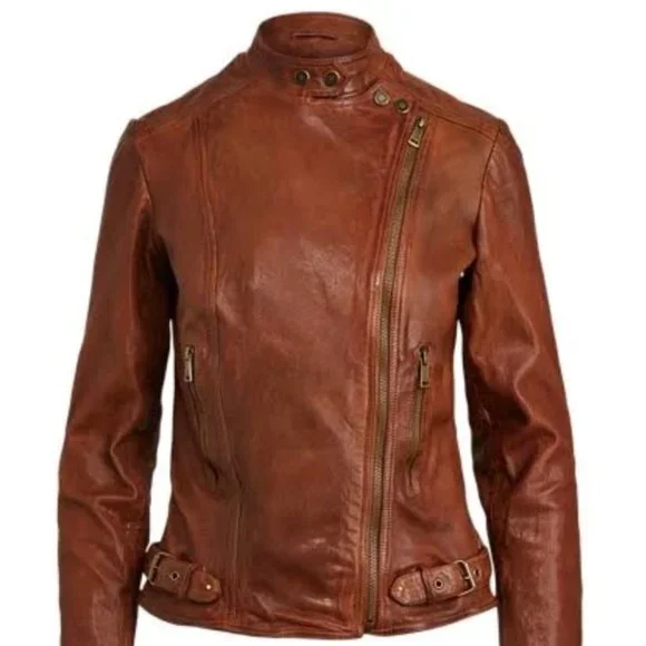 Lauren Ralph Lauren Burnished Leather Moto Bomber Jacket Dark Walnut